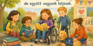 Children reading books together outdoors; a girl in a wheelchair sits with a book as friends gather around with a dog wearing a service vest nearby.
