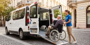 Caregiver assists a senior man in a wheelchair as he boards a white accessible van with a ramp on a cobblestone street.
